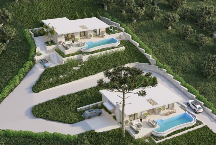 3D architectural render of twin stone villas with outdoor living spaces