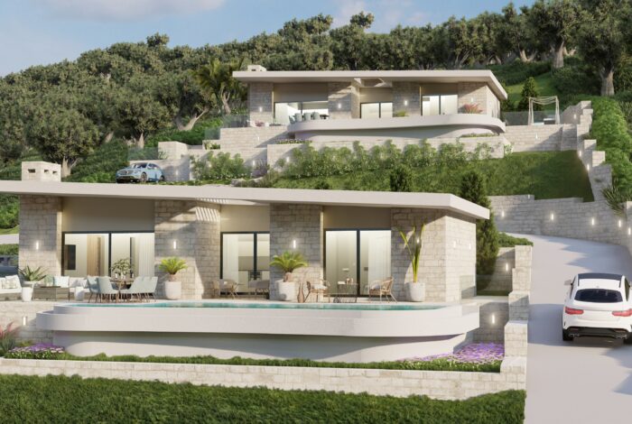 Photorealistic visualization of modern Corfu villa layout and architecture
