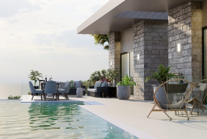 3D render of luxury stone villa with sea view and infinity pool