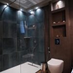 Modern bathroom with walk-in shower in Corfu villa