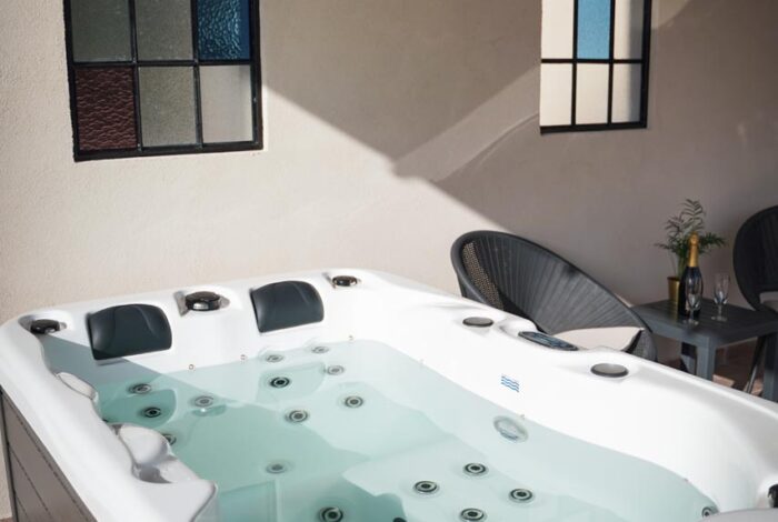 Luxury outdoor hot tub with scenic views in Corfu villa