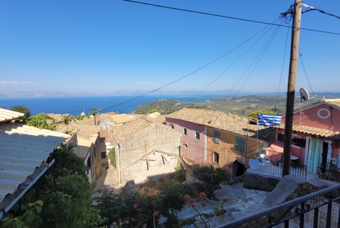Balcony with sea views from renovation project in Chlomos, South Corfu