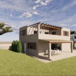 Side view of the house with pergolas and covered terrace.