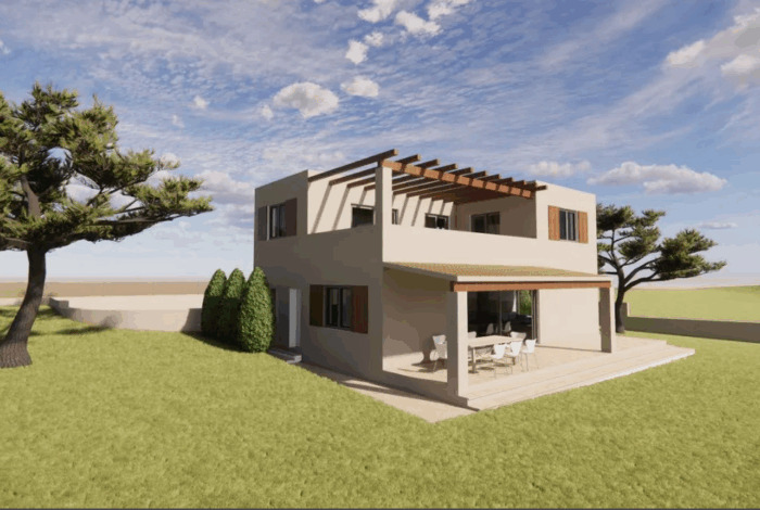 Side view of the house with pergolas and covered terrace.