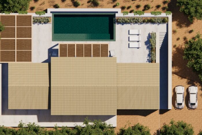Aerial render of the finished villa and swimming pool
