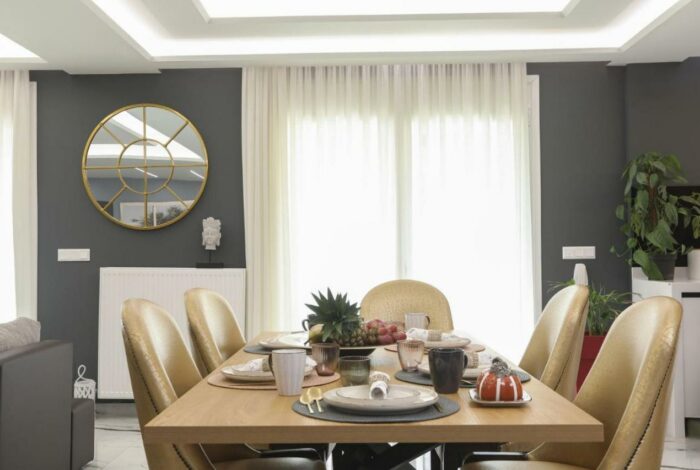 Elegant dining area adjacent to kitchen and lounge