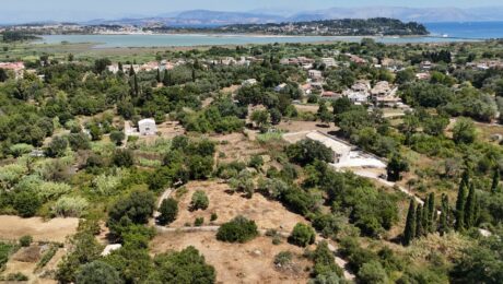 Aerial photo of a spacious, buildable Corfu land in Chrysiida with permissions for three homes