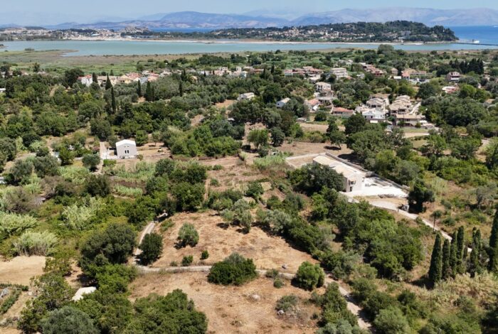 Aerial photo of a spacious, buildable Corfu land in Chrysiida with permissions for three homes