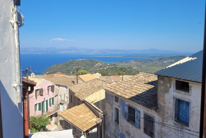 Sea view from first floor bedroom of traditional house in Chlomos, South Corfu