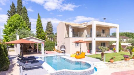 Front view of modern villa for sale in Kontokali, Corfu