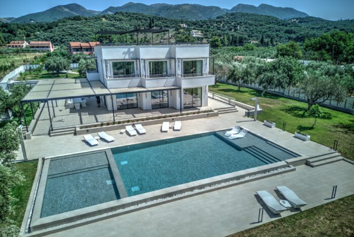 Aerial view of luxury villa for sale in Almyros Corfu with sea view