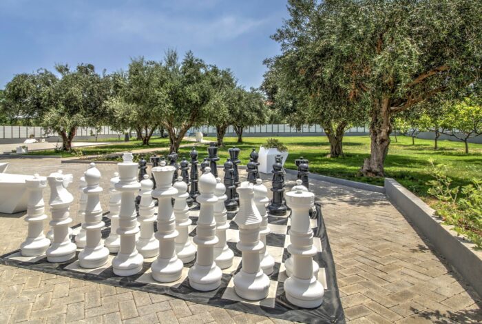 Family-friendly villa in Corfu with life-size chessboard and landscaped lawn