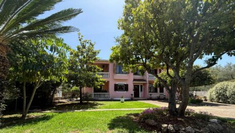 Front exterior view of detached house in Linia, Corfu, surrounded by greenery