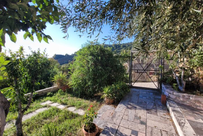 Paved path surrounded by greenery in Corfu holiday complex