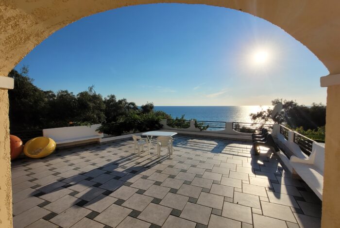 Panoramic view of west Corfu sunset from spacious terrace