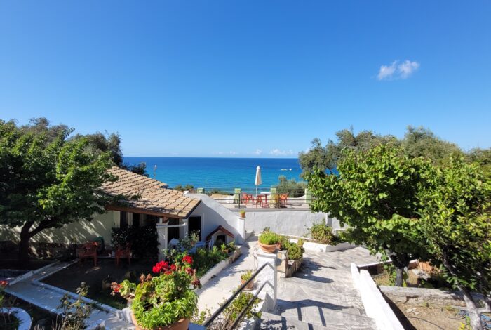 West-facing view towards Kontogialos beach from upper terrace