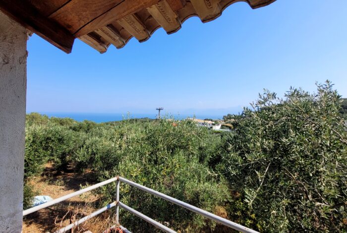 First-floor balcony overlooking lush nature and distant sea