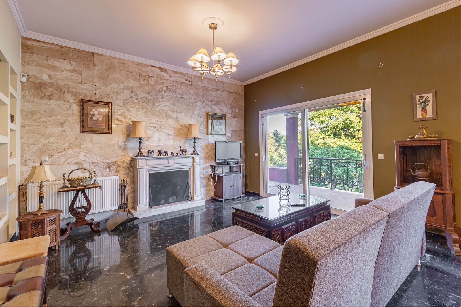 Elegant sitting area with classic furnishings and countryside ambiance