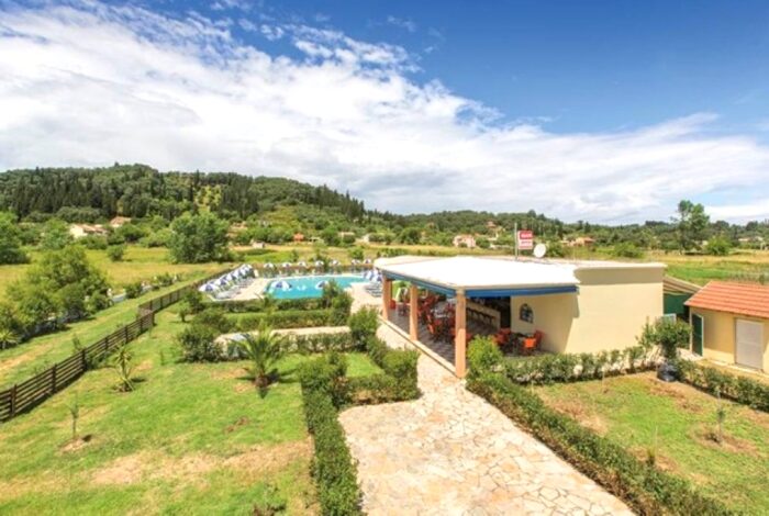 Outdoor areas with space for activities at Sidari apartment complex