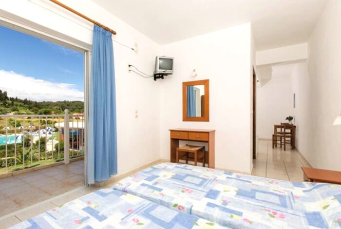 Studios with balconies overlooking pool in Sidari Corfu complex