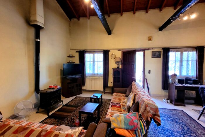 Open-plan living room with wood burner stove in Corfu home for sale