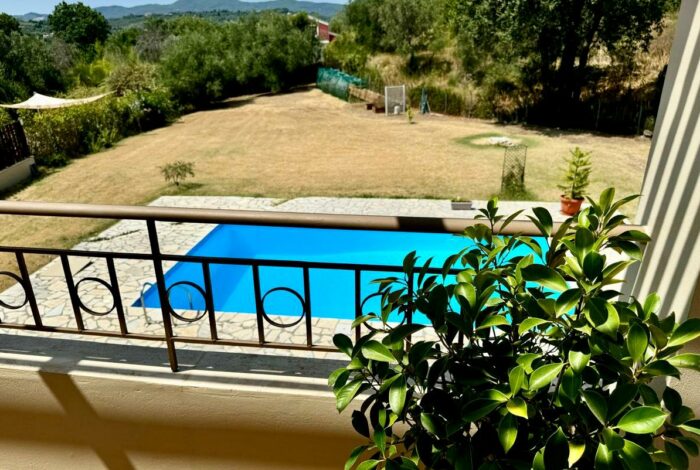 View from the terrace of the outdoor pool surrounded by stone patio and nature