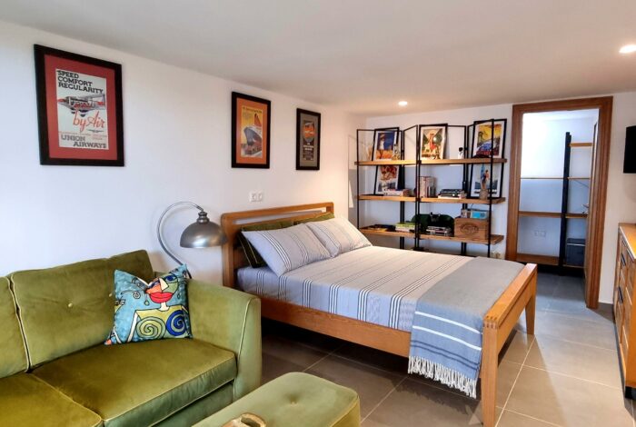 Cozy master bedroom with terrace doors overlooking the Ionian Sea