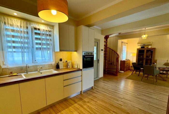 Open-plan living room and kitchen in villa in Poulades