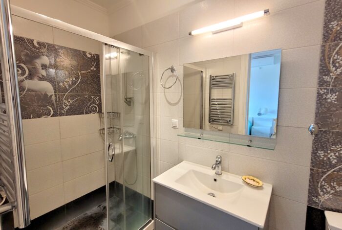 Renovated bathroom with walk-in shower in luxury villa Paxos Greece