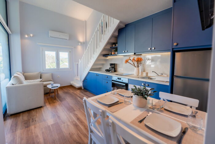 Renovated ground floor apartment in Gouvia Corfu with mezzanine bedroom