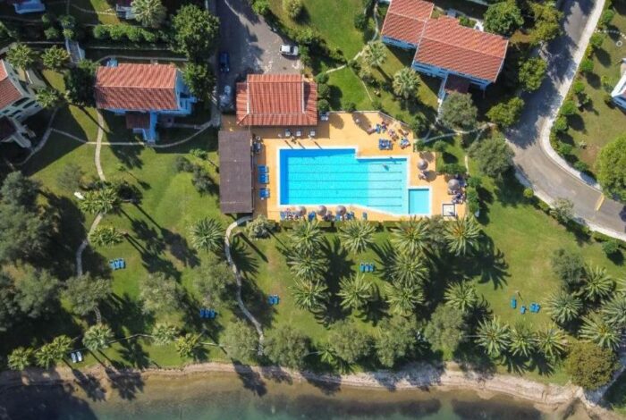 Aerial photo of the shared swimming pool with children’s pool in Gouvia Corfu complex