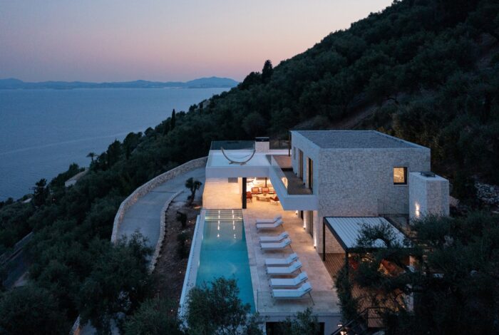 Night aerial photo of the villa with unobstructed sea views