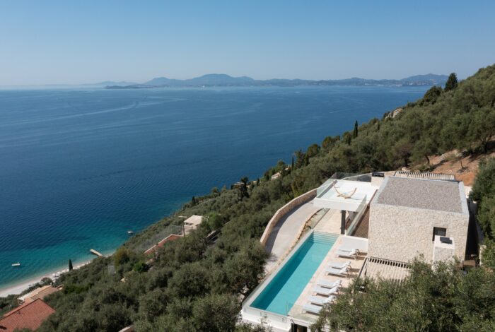 Aerial view of stone villa in Nissaki