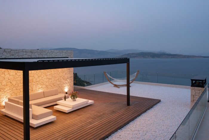 Night lights of the wooden patio area