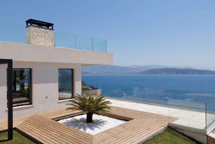 Landscapped garden with wooden features