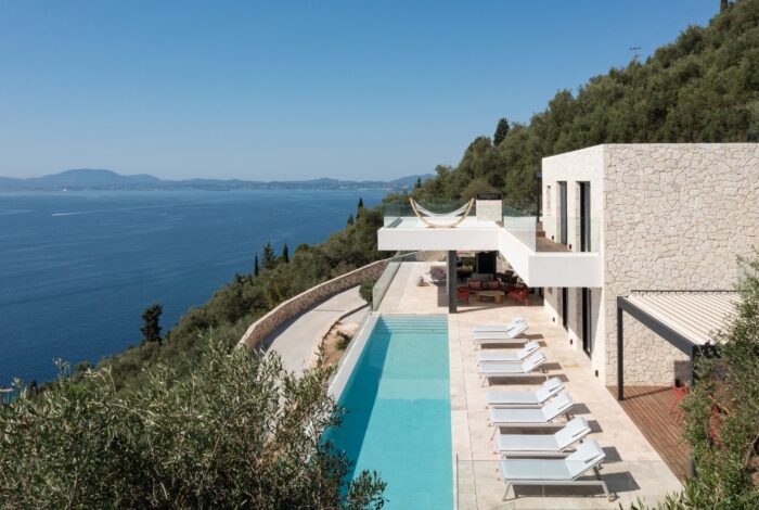 Luxury stone villa for sale in Nissaki Corfu with panoramic sea views