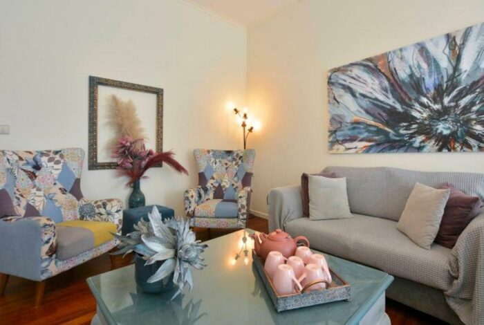 Elegant sitting room with neutral decor in Corfu old town property for sale