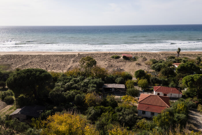 Drone shot of the beachfront plot in Kakovatos, Peloponnese