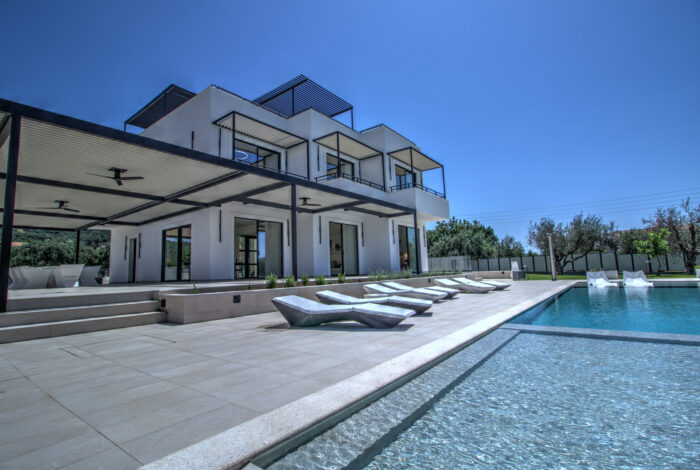 Aerial view of luxury villa for sale in Almyros Corfu with sea view