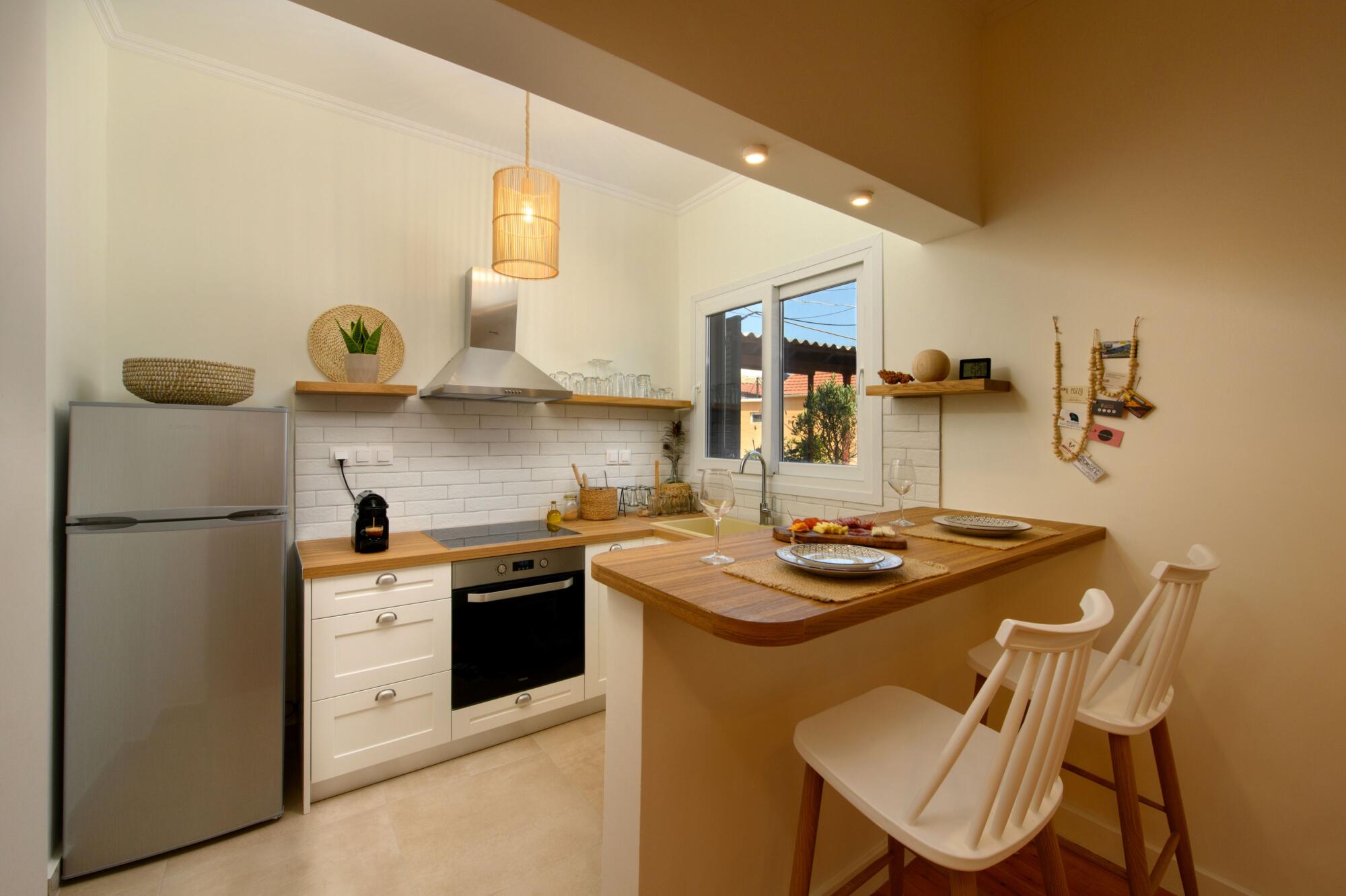 Open plan kitchen and living room in Liapades property